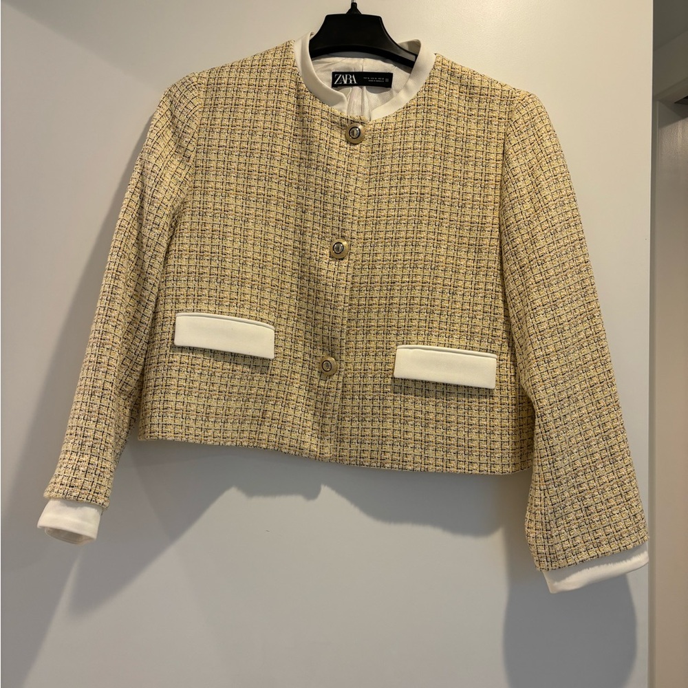 Zara Women's Yellow and Cream Tweed Jacket